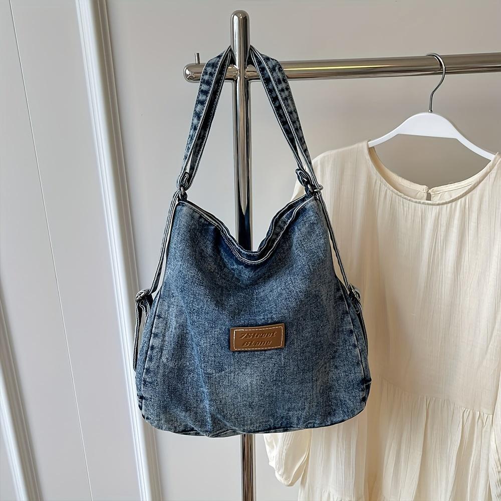 

Casual Large Canvas Two Ways To Wear Tote Bag For Women Adjustable Strap Zip Closure Polyester Lined Multi-Functional Travel Backpack джинсовий синього кольору