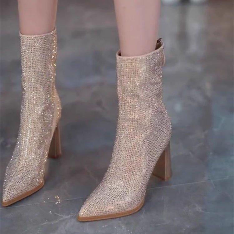 Sexy Block Heel Small Booties Women Socks Boots 2026 New Rhinestone Pointed Toe High Heel Back Zipper