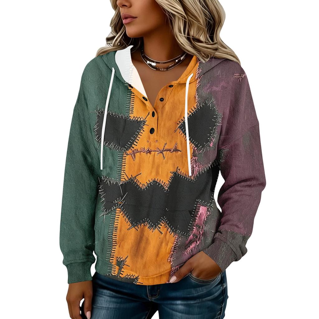 Women's Fashion Hooded Halloween Print Sweatshirt with Buttons for Festive