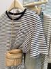 Korean Style Women's Niche Cartoon Embroidery Striped Half-Sleeve T-shirt