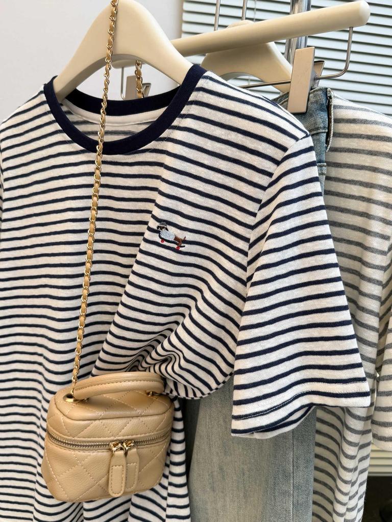 Korean Style Women's Niche Cartoon Embroidery Striped Half-Sleeve T-shirt