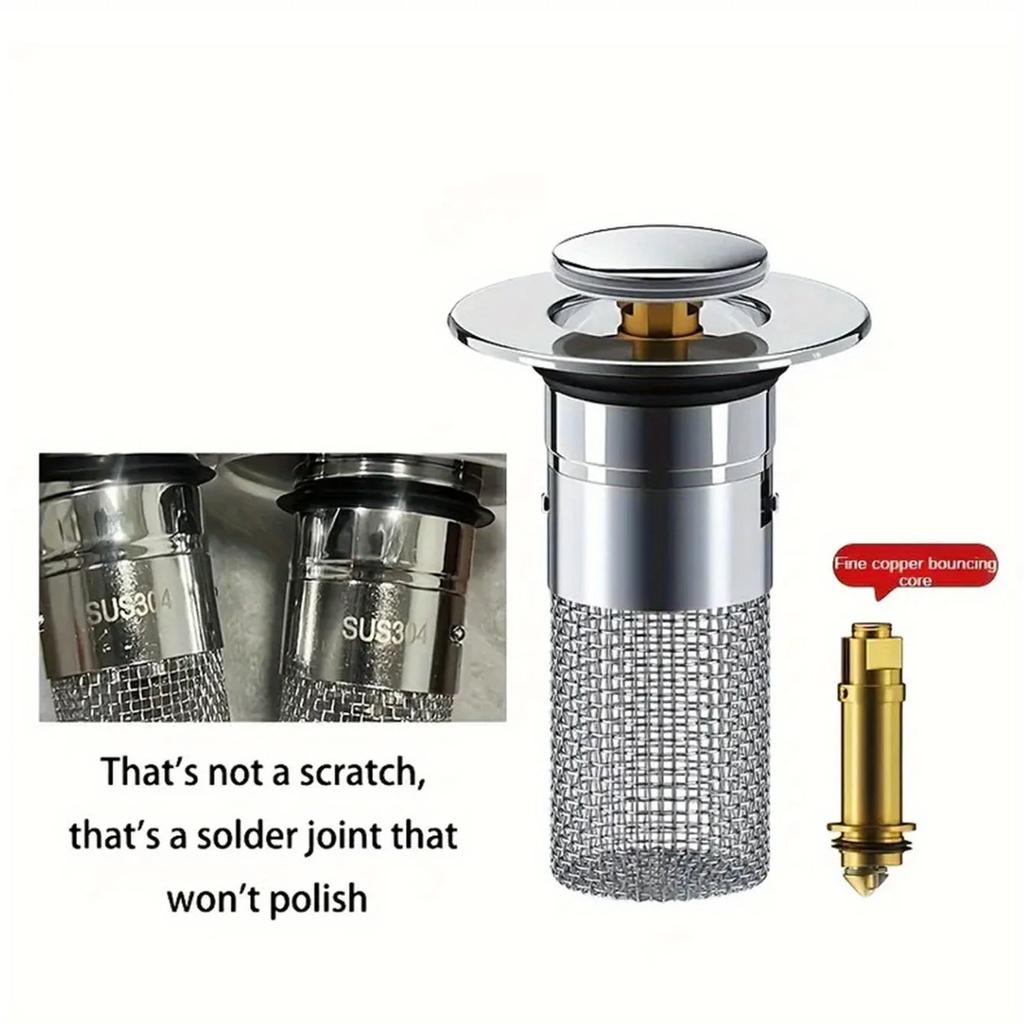 Bodenablauffilter aus Edelstahl, Waschbeckenstöpsel, Anti-Geruch, Pop-Up-Bounce-Core-Beckenstopper, Haarfänger, Duschspülbeckensieb