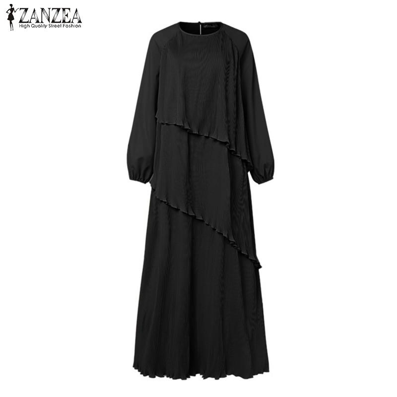 ZANZEA Women Casual O-Neck Ankle Length Lantern Sleeve Pleated Design Dress