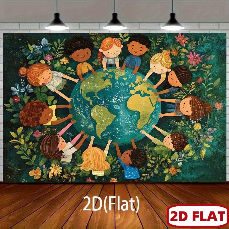2D plan, featuring one Earth and a unified theme background, surrounded by various children and vibrant flowers and leaves