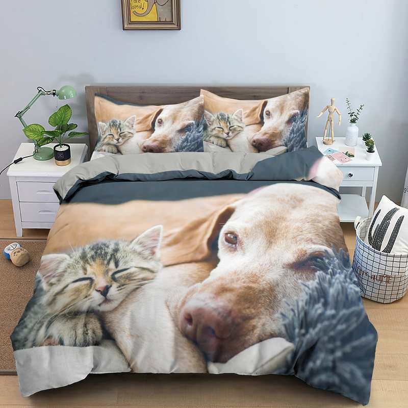 Dog Cat King Queen Duvet Cover Pet Kitty Puppy Bedding Set For Kids Teens Adults Lovely Animals Blue Soft 2/3pcs Quilt Cover