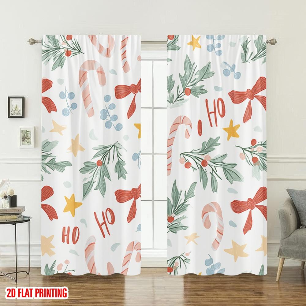 Set Of 2 Flat Printing Happy Christmas Party Curtains Mistletoe Candy Cane Ho Digital Printed Polyester Drapes Holiday Curtain