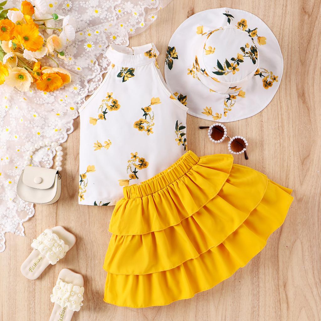 Dziewczęcy Modny Garnitur Letni Dziecięcy Nadruk Halter Top + Spódnica Tortowa z Kapeluszem Garnitur