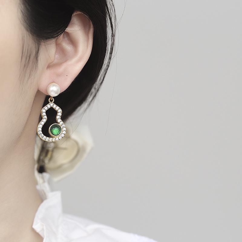 High-End Chinese Style Green Jade Gourd Large Stud Earrings with Pearls