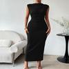 Padded Shoulder Pleated Waist Slim Sleeveless Long Women's Dresses