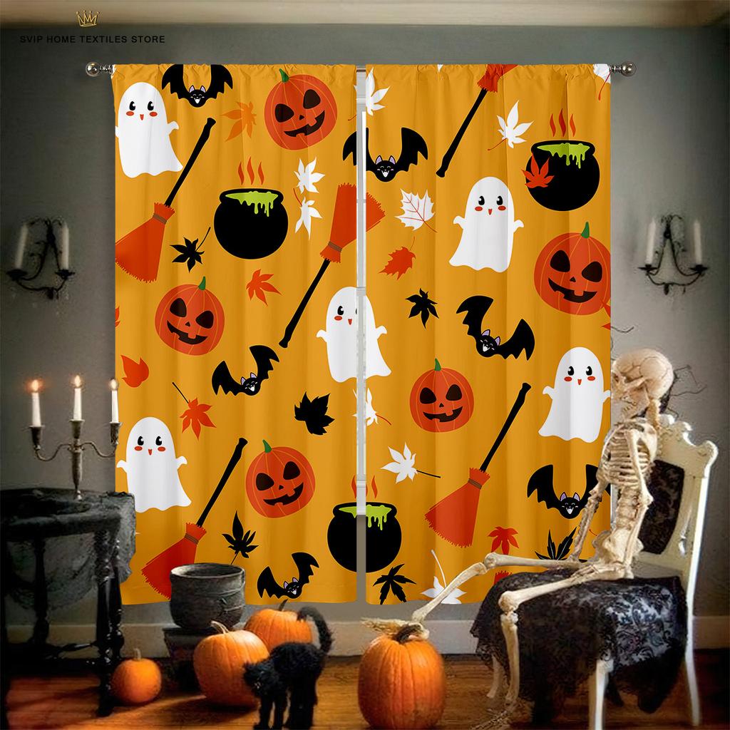 Blackout Insulation Curtains, Cartoon Print, Halloween, Pumpkin, Castle, Bedroom, Restaurant, Holiday Party, Decorative Curtain