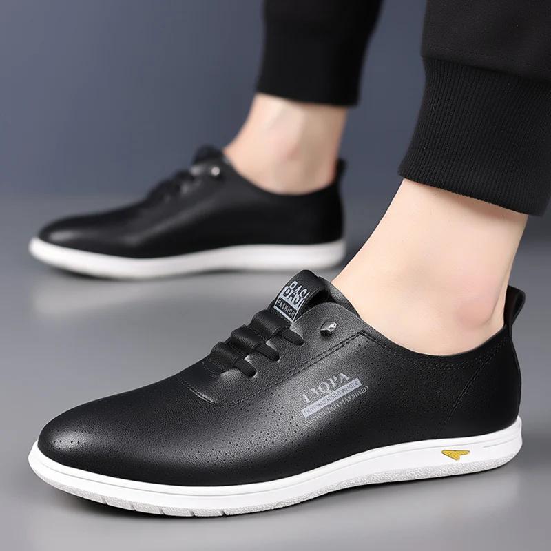 Fashion Popular Mens Casual Leather Shoes with Hollow Ventilation Holes Comfortable Low-cut Non-slip and Wear-resistant Men Leather Shoe