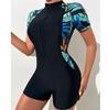 One Piece Floral Swimwear Swim Suit Women Short Sleeve Swimsuit Zip Front Tropical Plant Surfing Sun Protectio