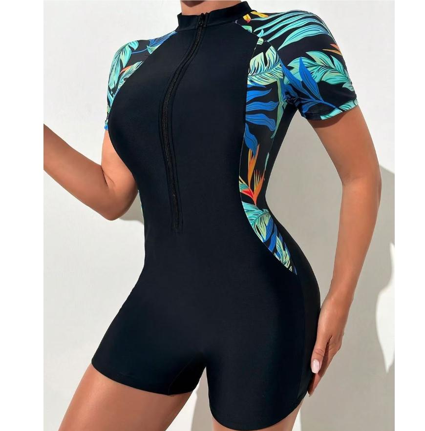 One Piece Floral Swimwear Swim Suit Women Short Sleeve Swimsuit Zip Front Tropical Plant Surfing Sun Protectio