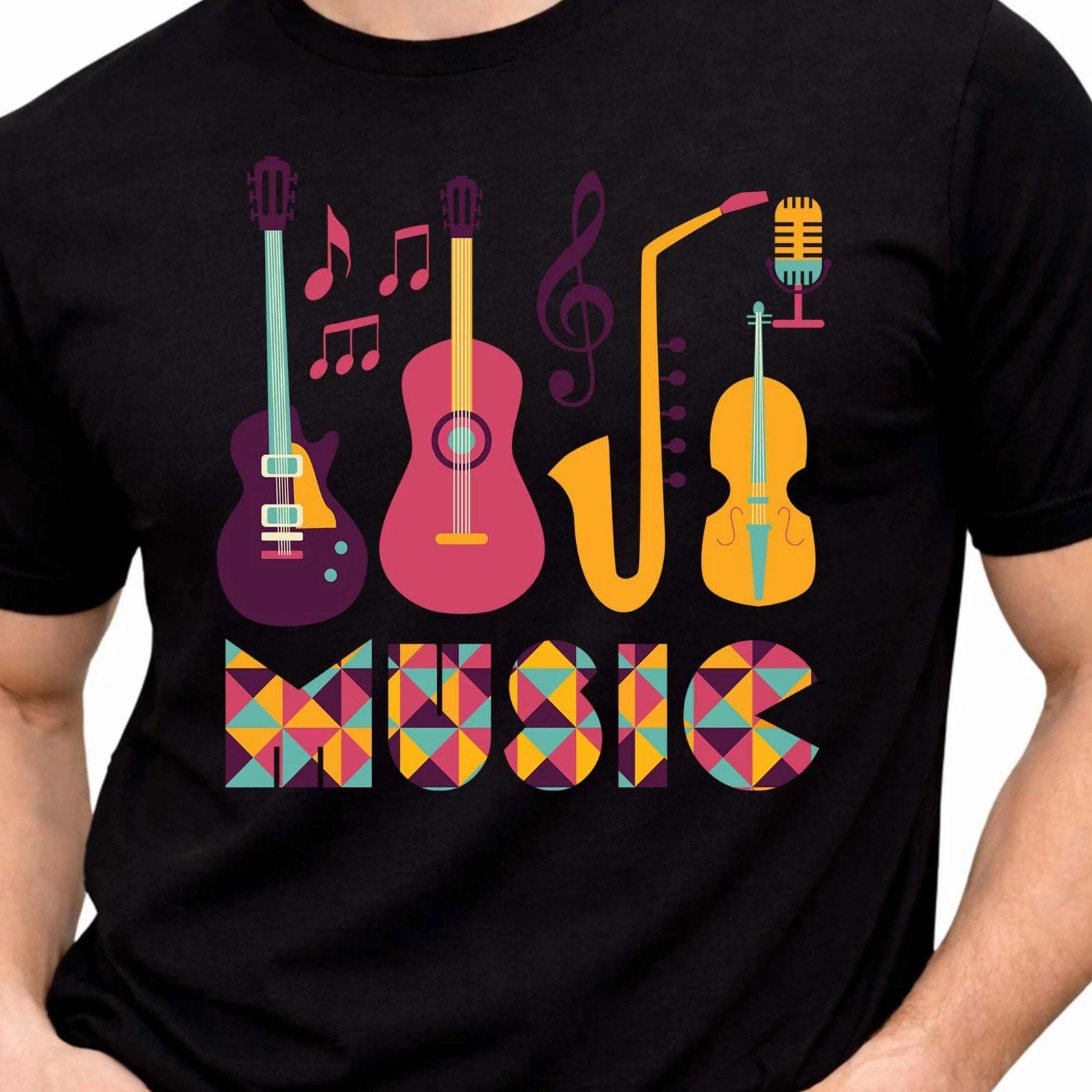 Colorful Guitar T-Shirt Music Graphic Tee Retro Rock Guitarist Player Gift XXL