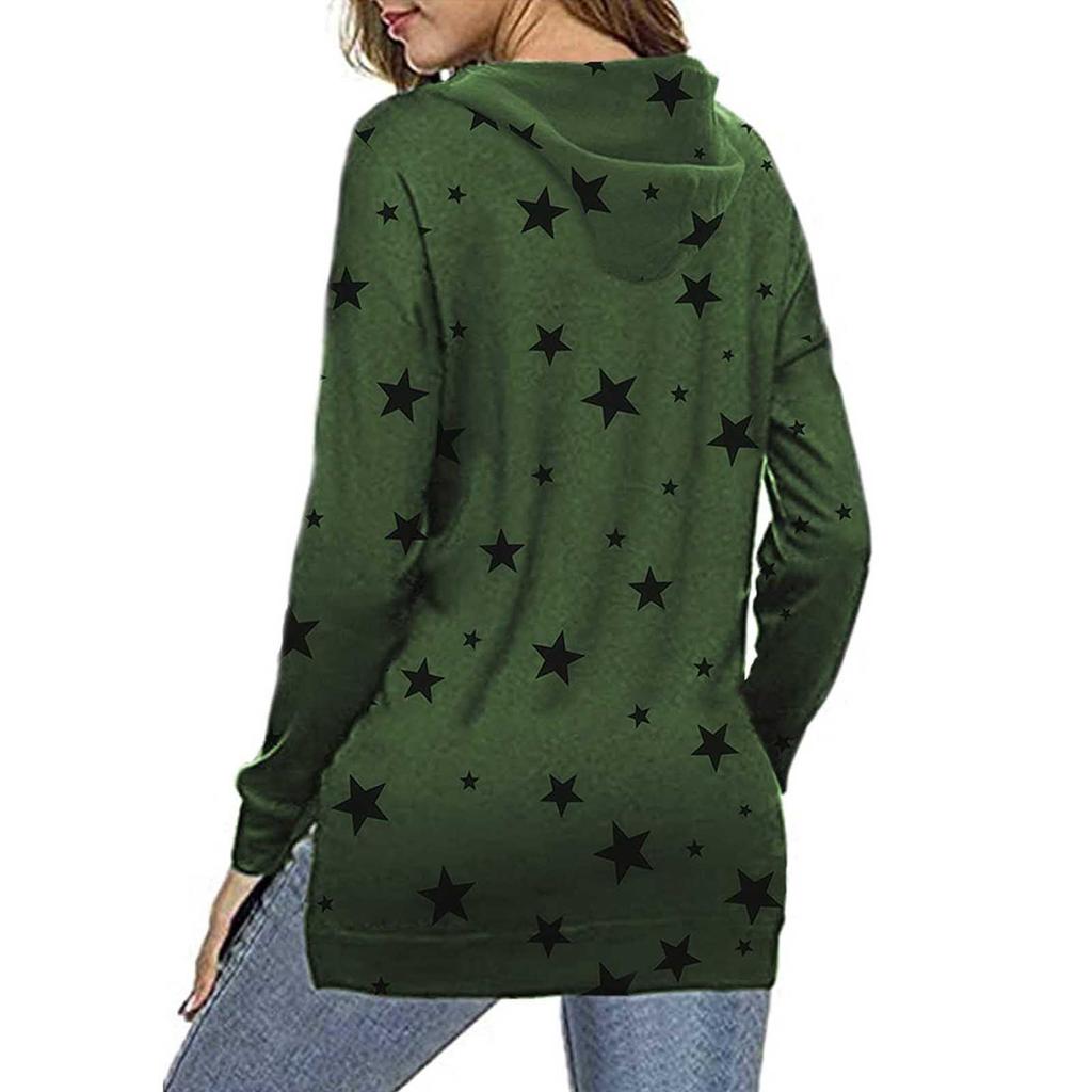 Women Fashion Hooded Star Print Patchwork Long Sleeves Tops Blouse Sweatshirt