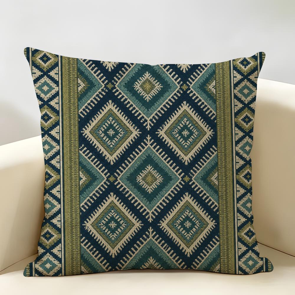 Blue Green Striped Diamond Pattern Cushion Cover Natural Linen Organic Fabric Double-Sided Printing Breathable For Home Decor