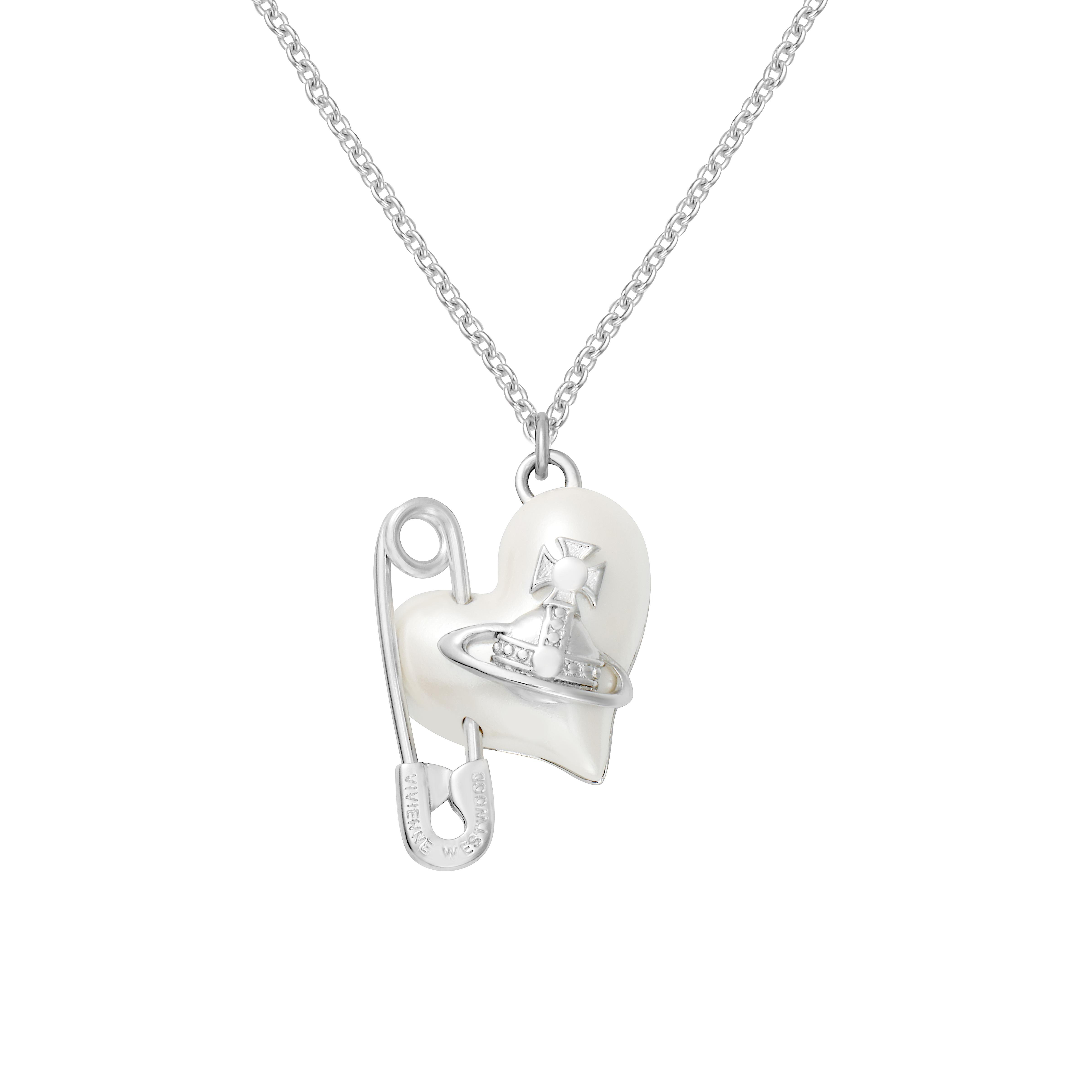 Vivienne Westwood Women's Silver Orietta Pendant Brooch Paperclip Mother Of Pearl Heart Pendant Chain Brass Necklace Necklace 630203Ae02p103p103