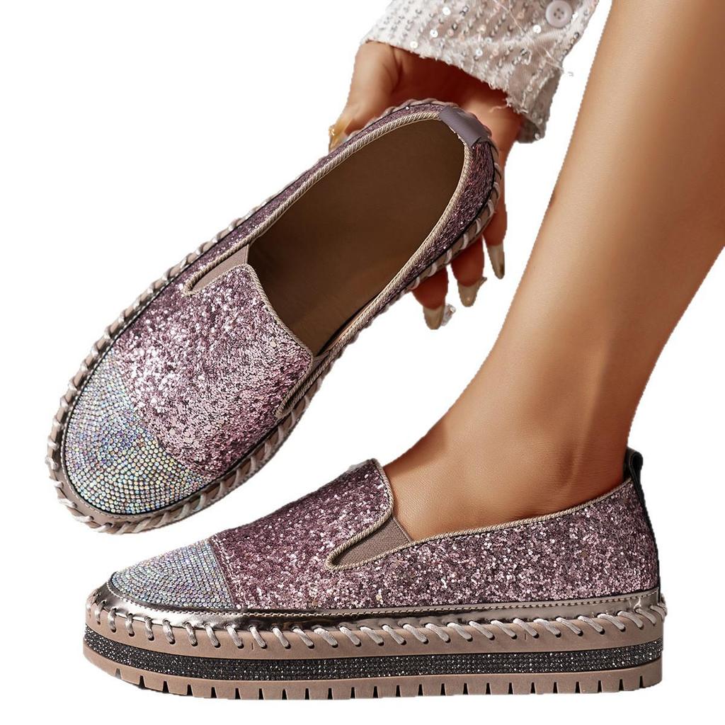 Korean Style Rhinestone Thick-Soled Casual Loafers (Plus Size) for Spring and Autumn 2025