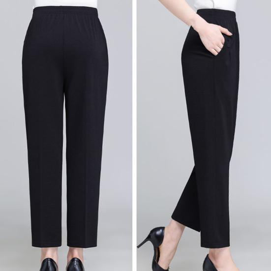High Waist Elastic Waistband Women Pants Button Decoration Pockets Thin Office Lady Straight Wide Leg Trousers