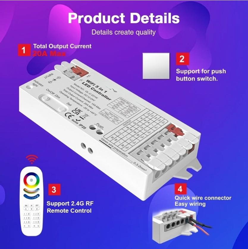 WiFi LED Strip Controller 5in1 for Tuya Smart Compatible with For RGB For RGBW For RGB CCT Strip and 12V 24V Power