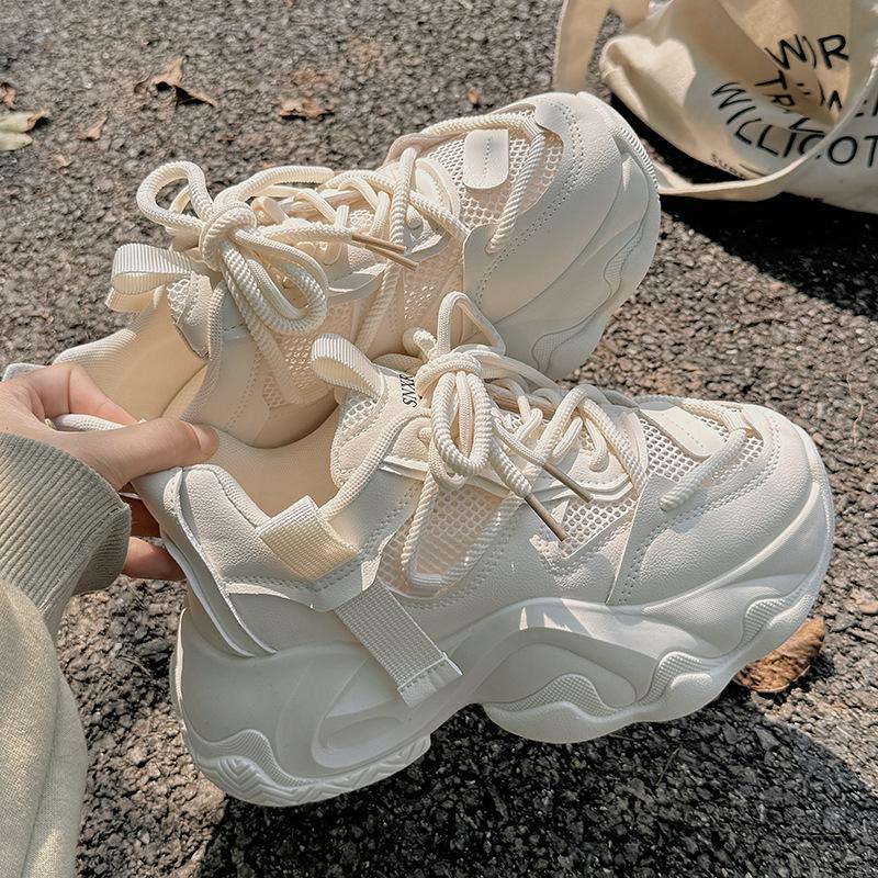 

Кроссовки папы для девочки 2025 весна и лето новые дышащие сетчатые туфли с брюками широкого кроя платформа белые кроссовки 40