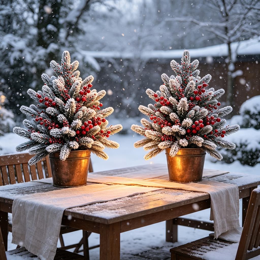 2pcs Artificial Cedar Christmas Trees with Poinsettia Berries,Suitable for Gardens, Courtyards, Doorways, Contemporary Plastic Evergreen Shrubs