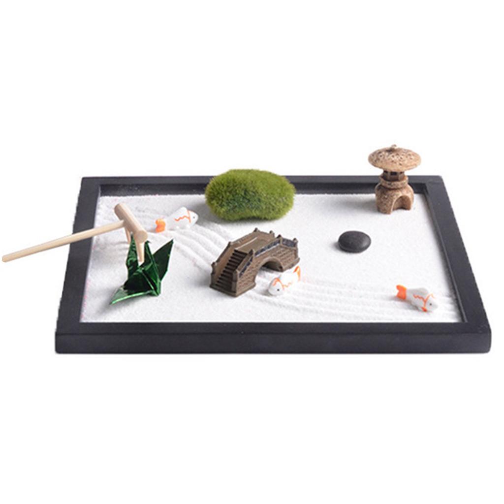 Zenes Garden Set for Desk with Rakes,Sand,Round Base,Miniature Pagoda Figure,Small Bridge Japanese Zenes Sand Garden