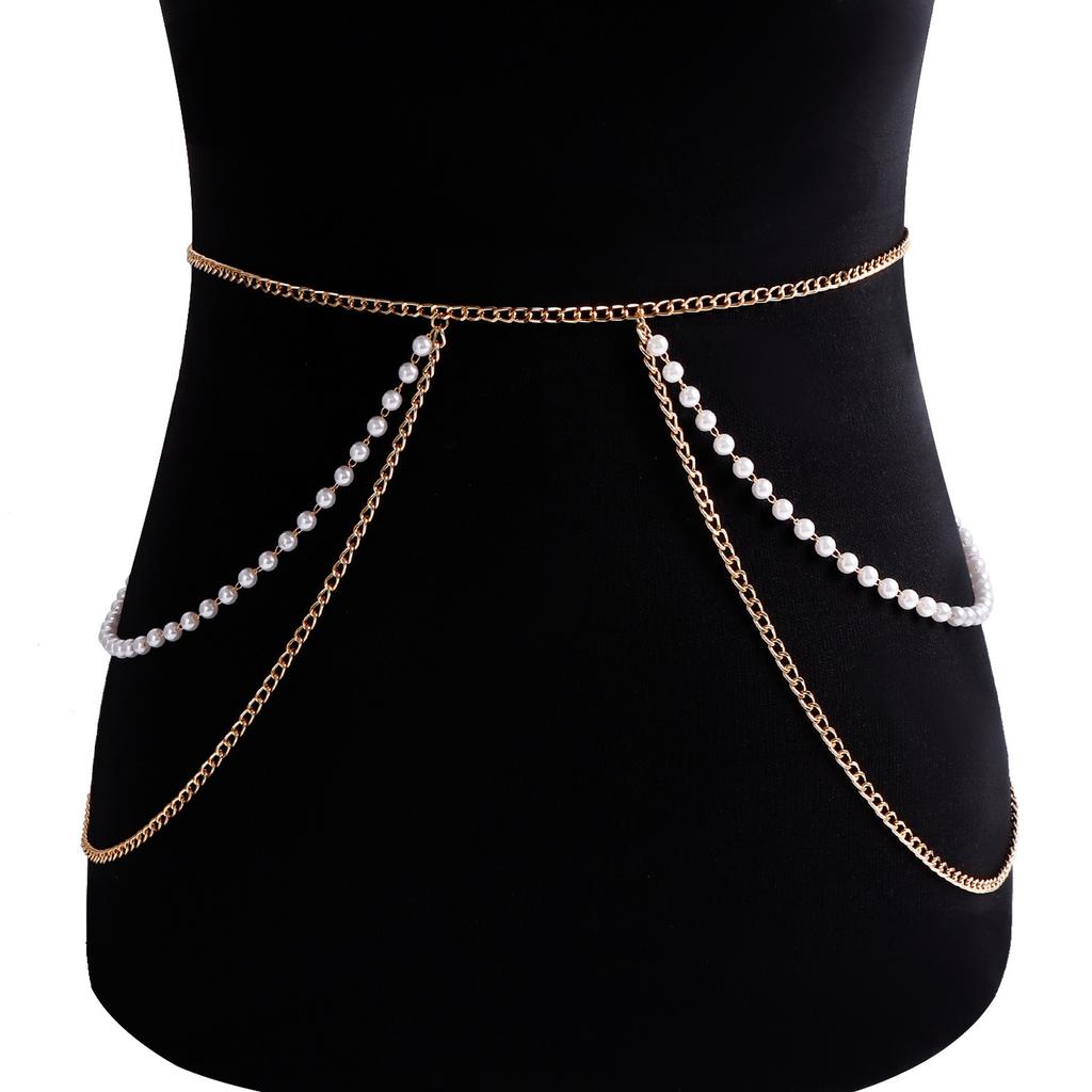 Multi-layer tassel imitation pearl waist chain Spice girl bikini beach style body chain versatile personalized belt accessories