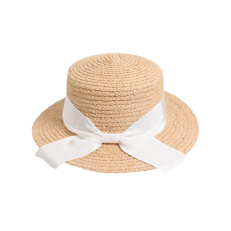 British Hepburn Style Bow Lafite Straw Hat Flat Top Vacation Vacation Beach Hat Women's Summer Top Hat