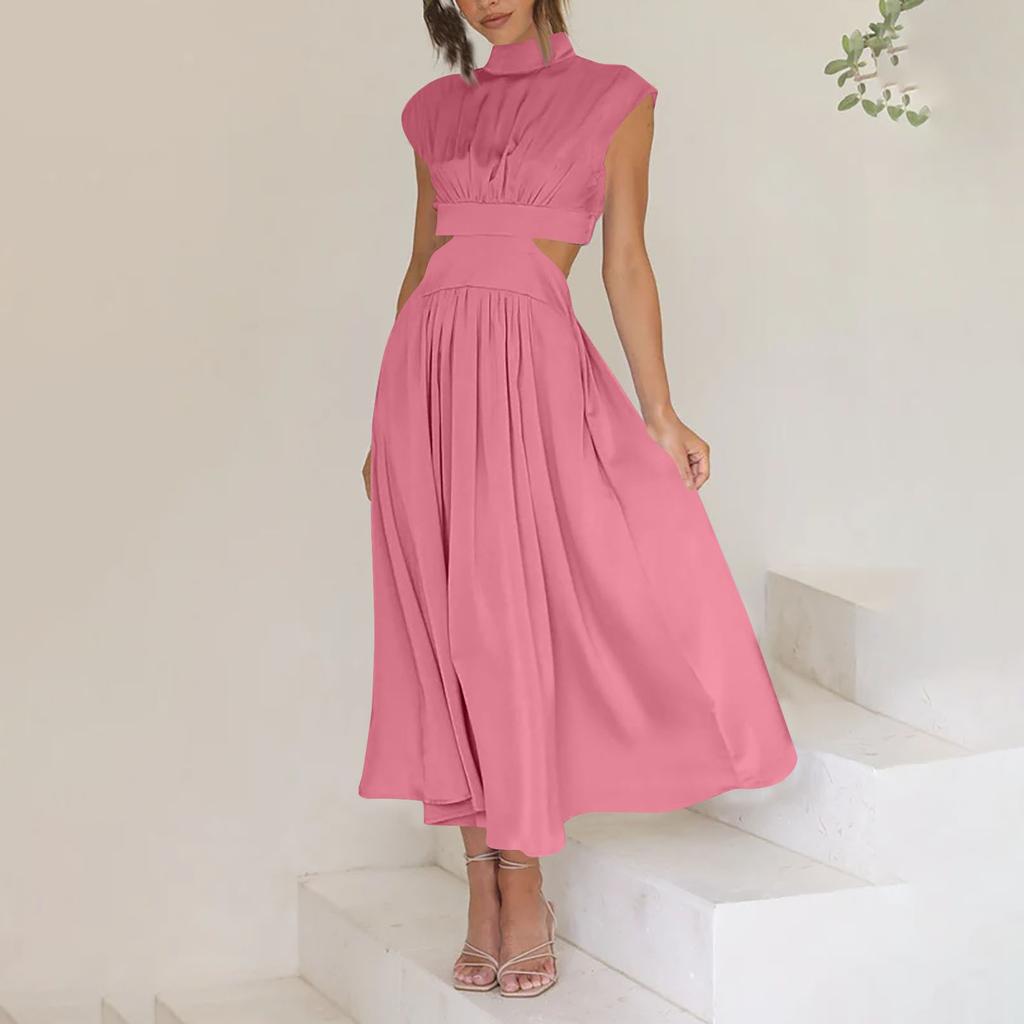 Women's Color Casual High Neck High Waist Maxi Pocket Open Waist Maxi Dress
