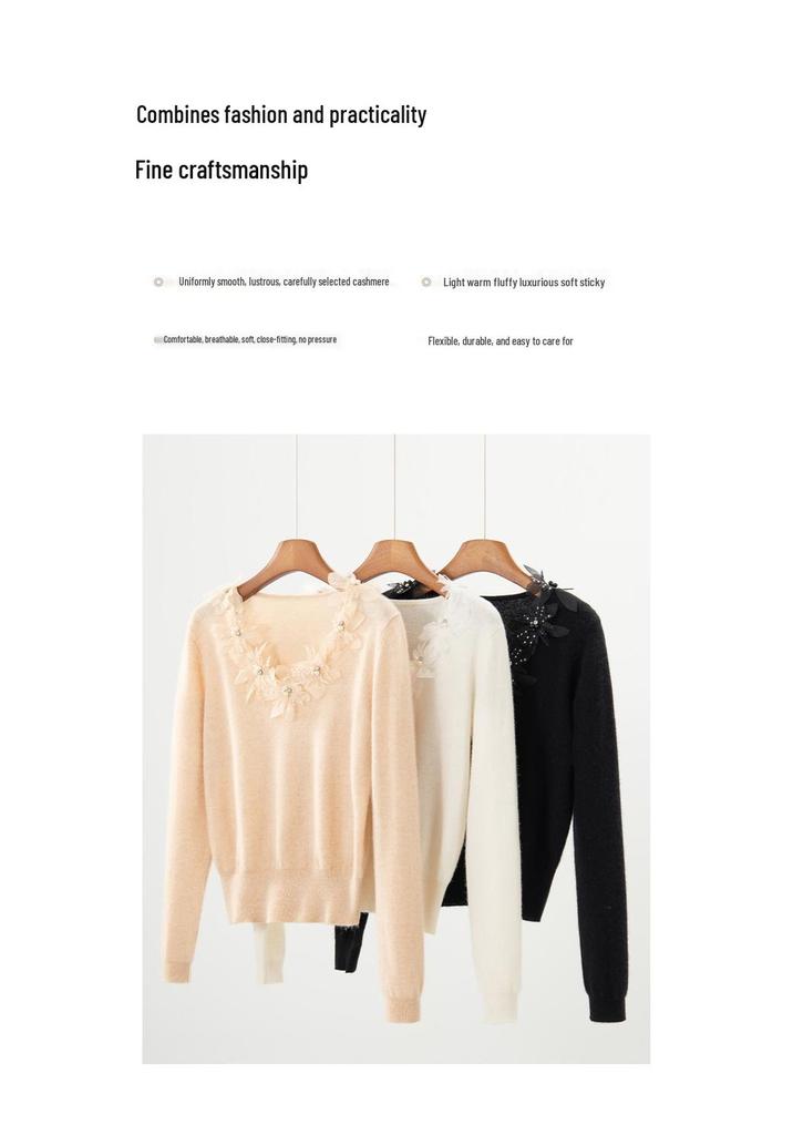 Autumn 2026 Women's V-Neck Cashmere Sweater, Versatile Loose Fit with Floral Design