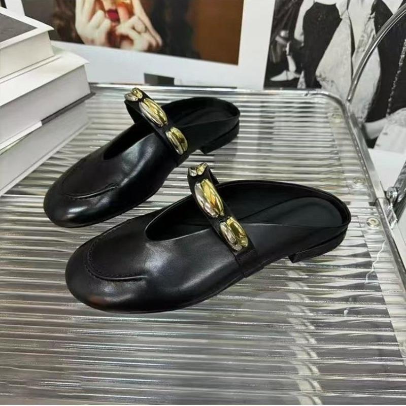 Metal Buckle Bag Head Half Slippers Women Summer Wear Imitation Leather Lazy Shoes Thick Heel Cool Slippers