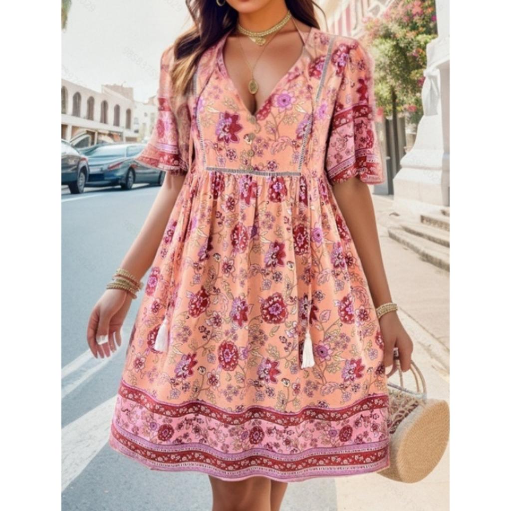 Women‘s V Neck Short Sleeve A-Line Mini Dress Print Loose Casual Summer Gown