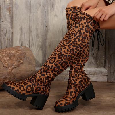 Damen Langschaftstiefel Dicke Absätze Über Knie Elastische Slim Stiefel Sexy Leopardenmuster Damenschuhe Mode Runde Zehenpartie Hohe Stiefel 2025