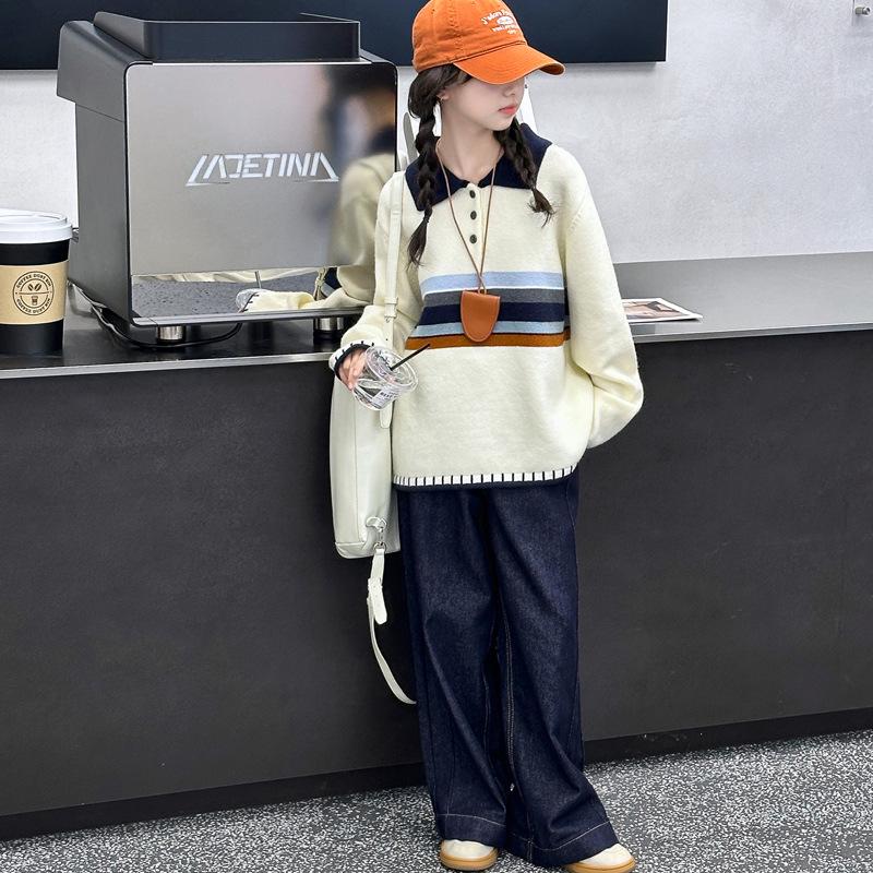 Girls' 2025 Colorblock Polo Sweater: Trendy Knitted Top for Big Kids in Korean Style
