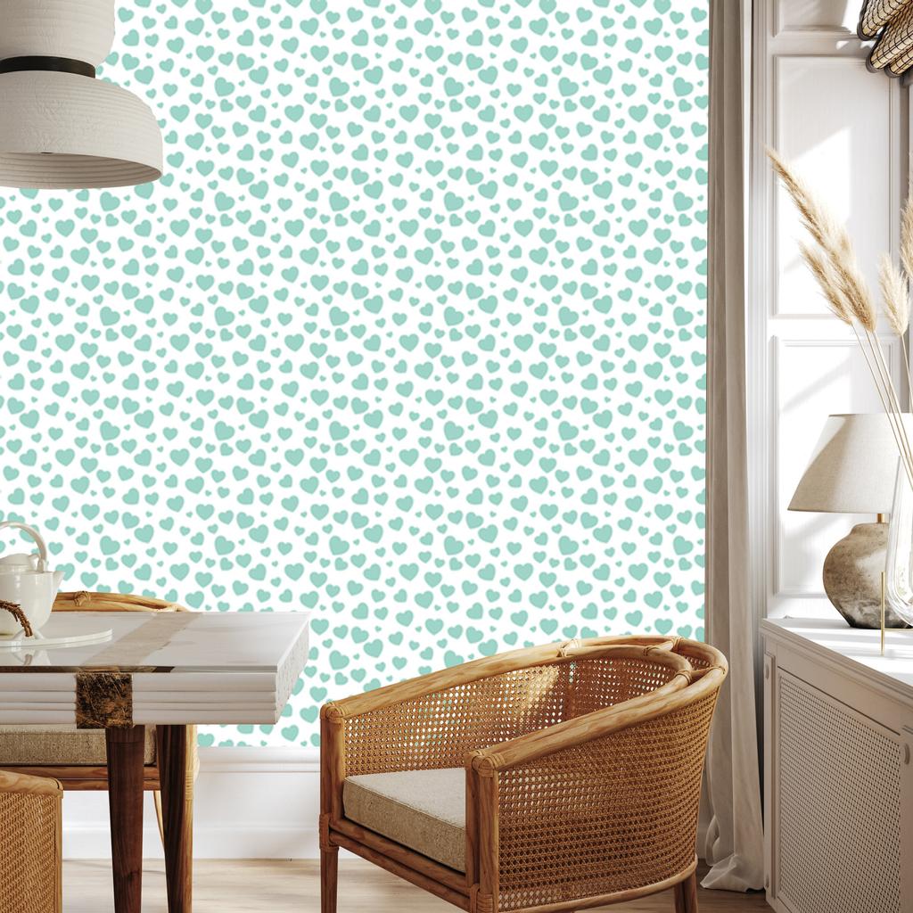 Hearts Wallpaper White and Mint 50x1000