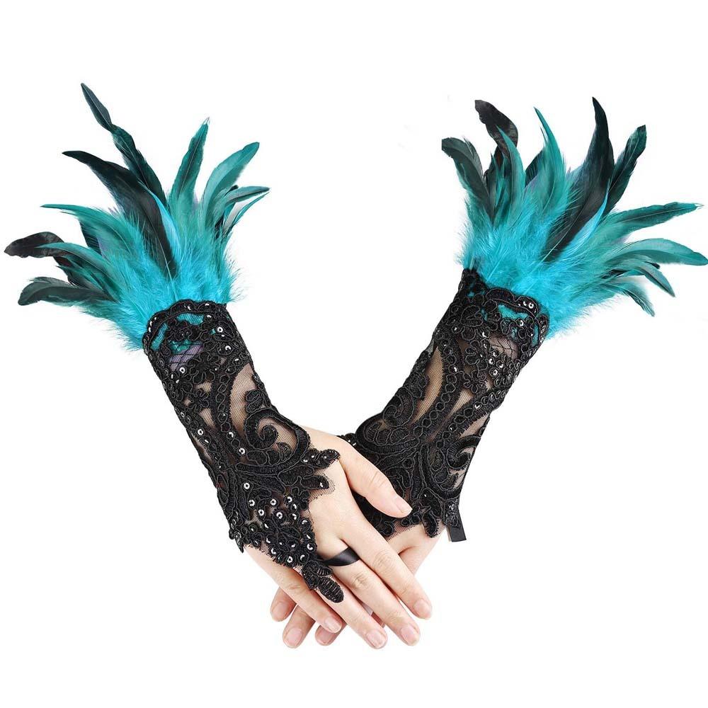 Retro Sequins Feather Lace Gloves Gothic Women Halloween Arm Sleeves Halloween Feather Gloves  Ball