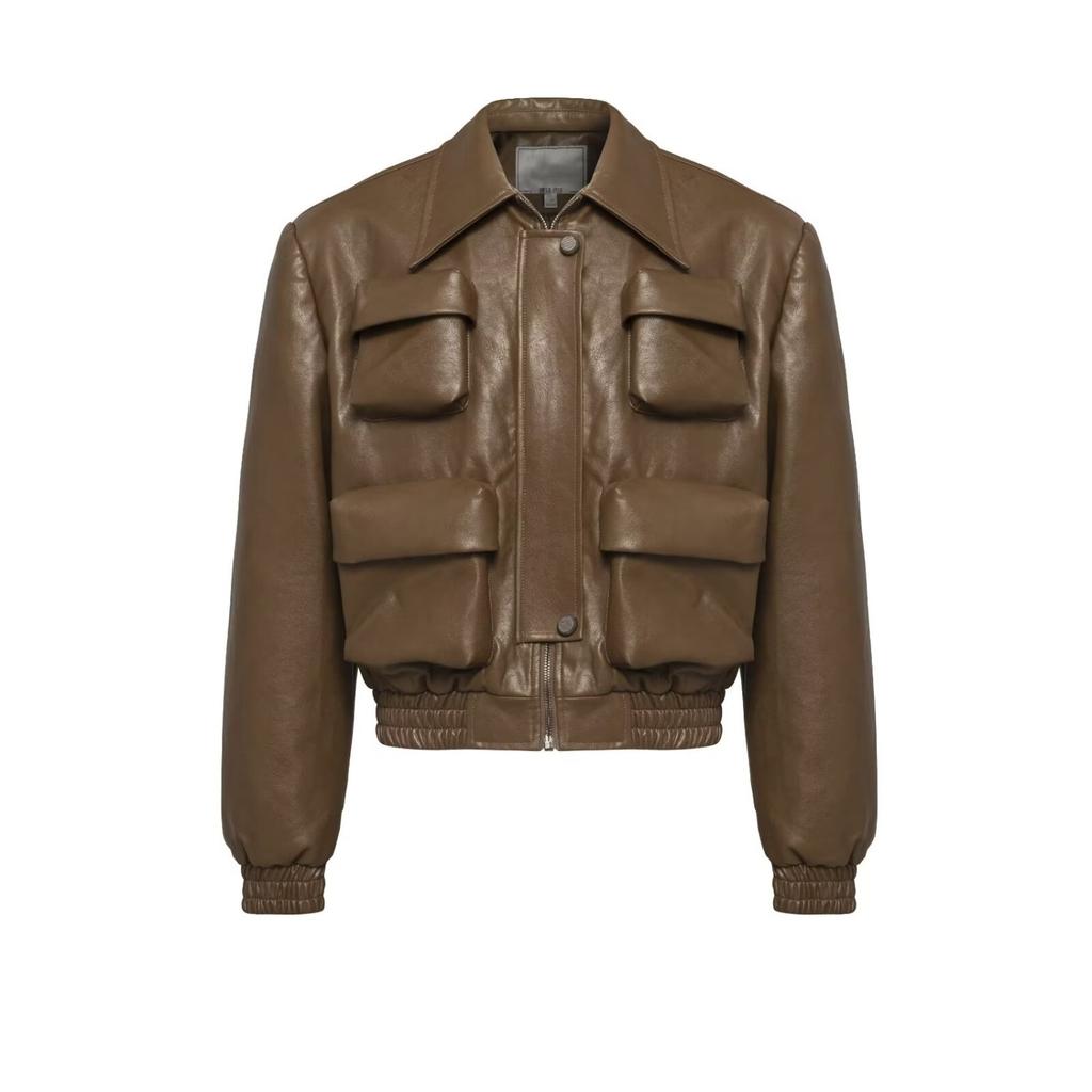 American retro high-end silhouette short leather jacket men's and women's multi-pocket lapel ruffian handsome fried street motorcycle leather jacket