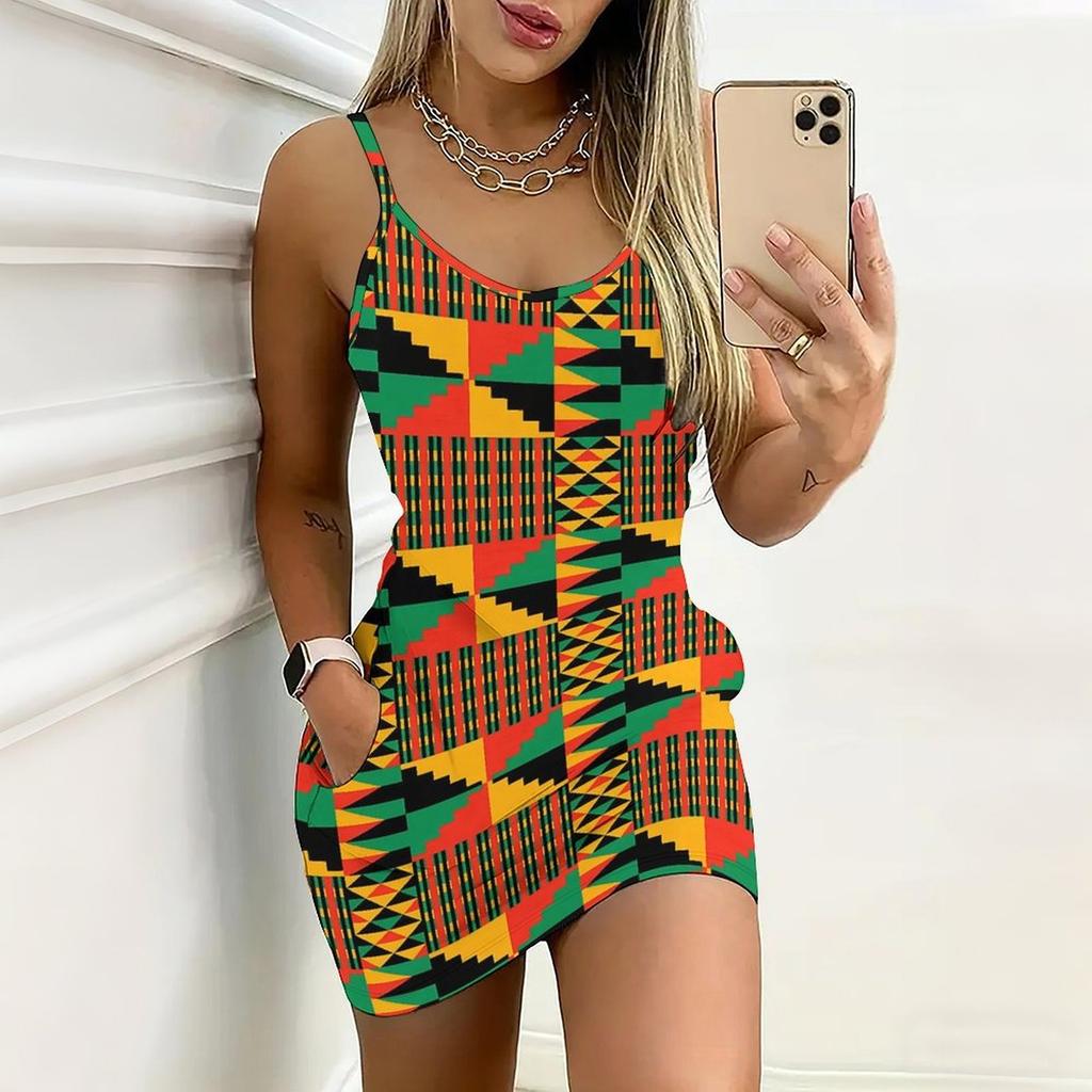 Vasaros Naujas Retro Geometriniai Raštai Spausdinta Berankovė Kūną Apimanti Suknelė Su Kišenėmis Seksuali Slim Fit Elegantiška Šventinė Suknelė