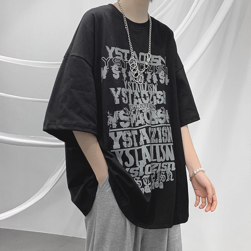 Herr Trendig Mörk Stil Kortärmad Hip-Hop Tryck T-Shirt - Lös Passform, Rund Hals, Sommar Hong Kong BF Stil