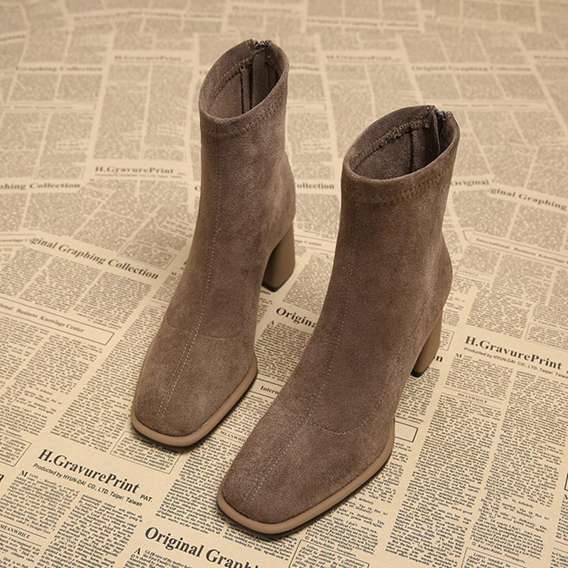 Vintage Square Toe Women Ankle Boots Fashion Zippers Thick Heels Shoes Winter Elegant Mordern Short Boot