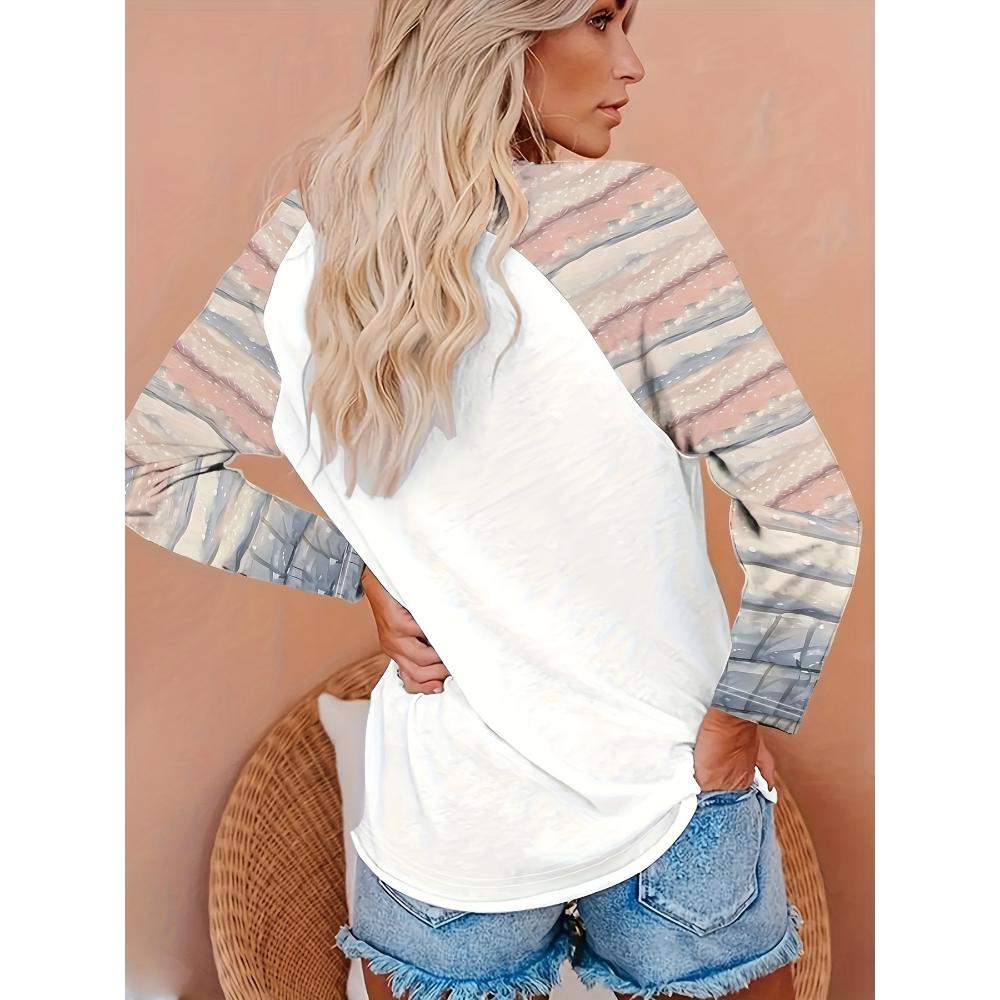 Spring-fall women's casual crewneck long-sleeved printed color-blocked T-shirt