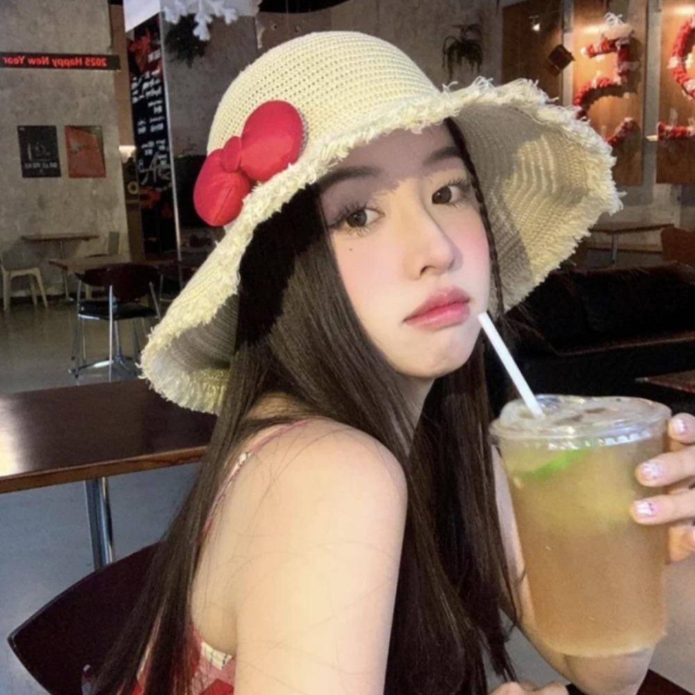 Breathable Big Bowknot Sun Hat Sweet Lace Brim Sunshade Cap Summer Woman's Straw Hat  Outdoor