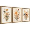 Framed Vintage Wildflower Canvas Wall Art Floral Set of 3 Country Farmhouse Watercolor Flowers Prints Rustic Wood Frame Botanical Artwork Poster for