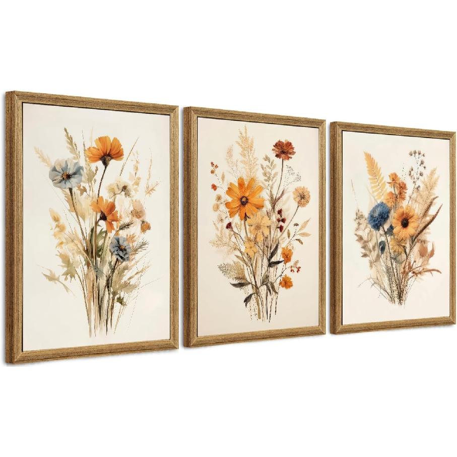 Framed Vintage Wildflower Canvas Wall Art Floral Set of 3 Country Farmhouse Watercolor Flowers Prints Rustic Wood Frame Botanical Artwork Poster for