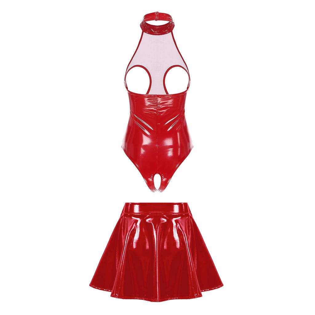 Body da donna in vernice per clubwear con scollo all'americana, stile senza cavallo, gonna a balze attaccata, dettaglio con cerniera, outfit da sera