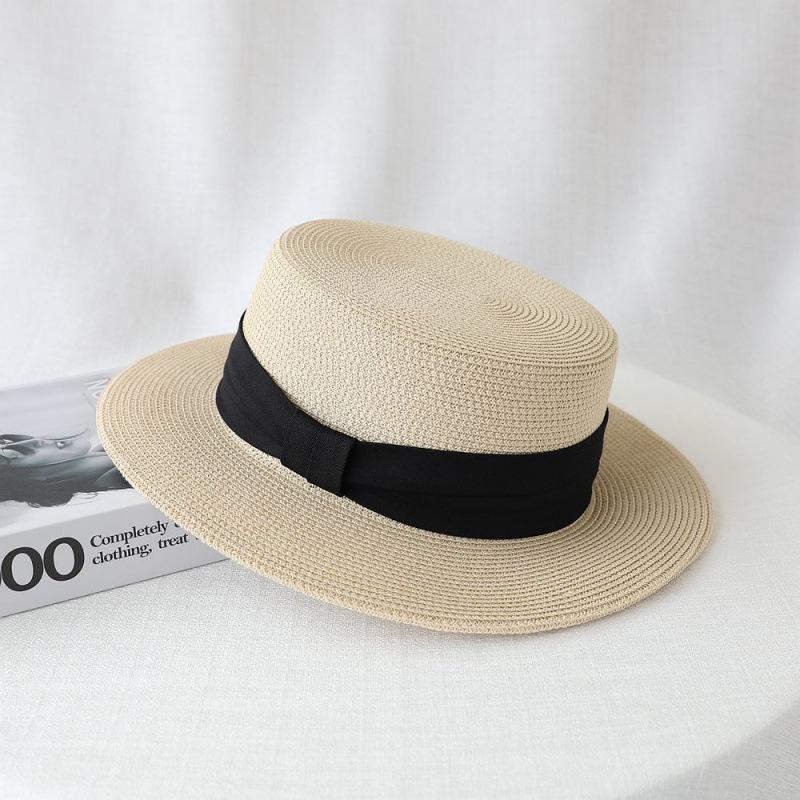French flat-top sun-protection hat for women, summer beach vacation sunshade hat, internet celebrity woven wide-brim fresh top hat
