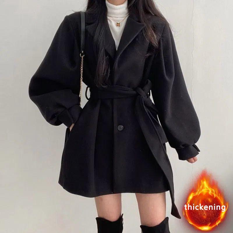 Overcoat New Style Solid Color Loose Cape Coat Collect Waist Woolen Medium Long Coat Women Winter Tops For Woman