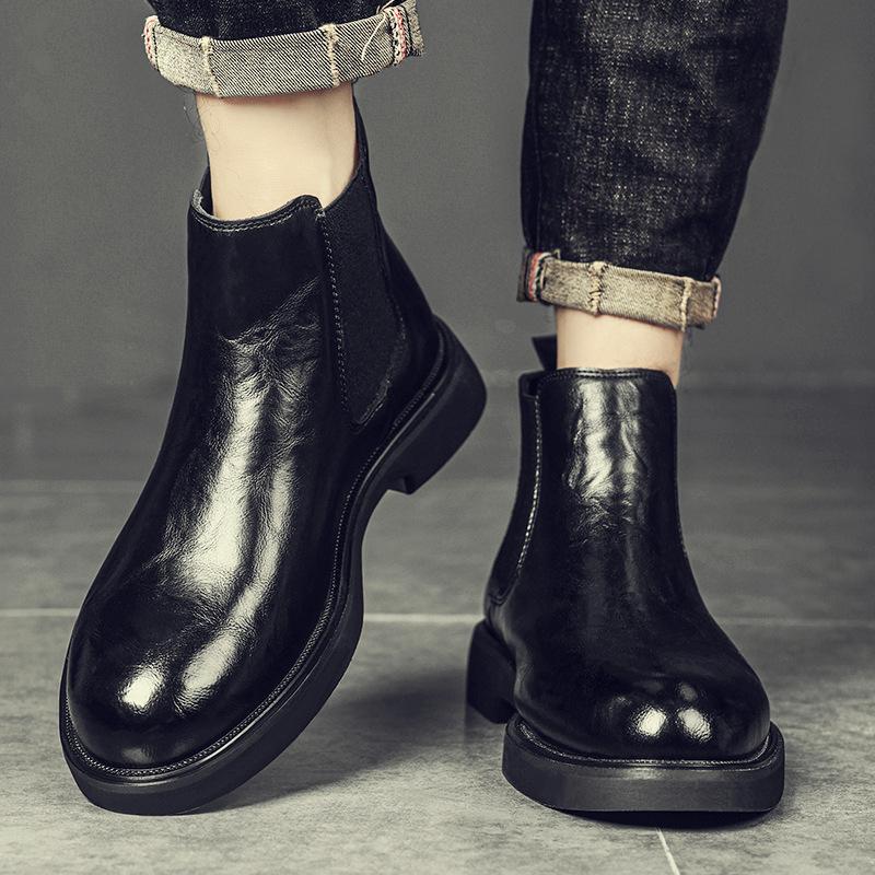 Autumn WinterNew Chelsea Men's Boots British Retro Style Solid-Color Anti-slip Soft Leather Men's Shoes Mid-top Ankle Boots