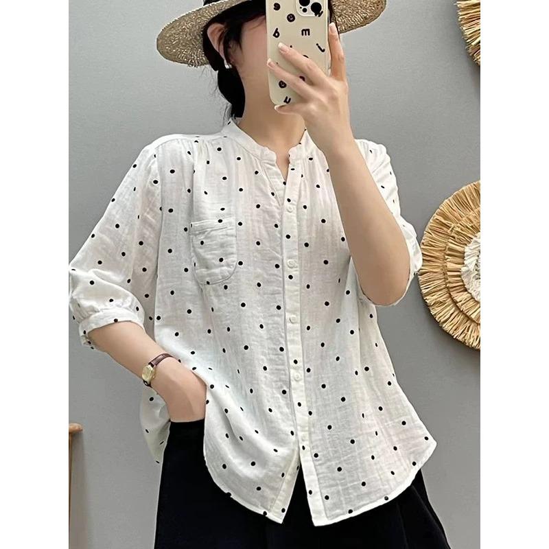 Women Casual Loose Floral Printed Half Sleeve Stand Collar Shirt Blouse M